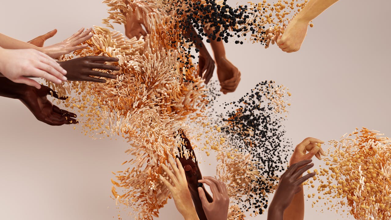 digital Creative image showcasing diverse human hands blending into an abstract art form.